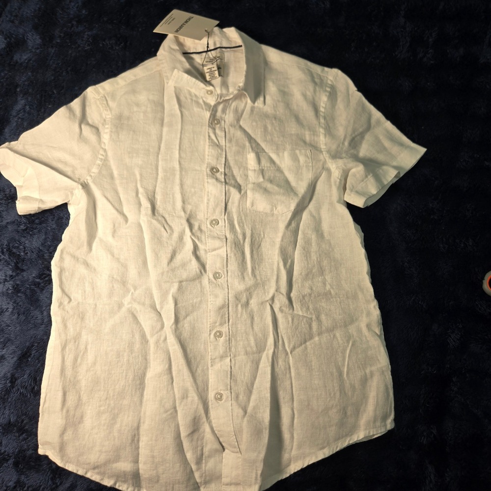 Thom Aaron Mens White 100% European Linen Short Sleeve Button Down Shirt Size M - Picture 8 of 8